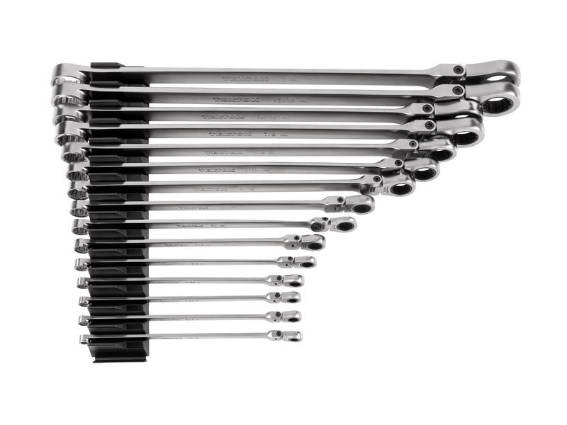 Long Fixed/Flex Head 12-Point Ratcheting Box End Wrench Set with Modular Organizers, 15-Piece (1/4-1 in.)