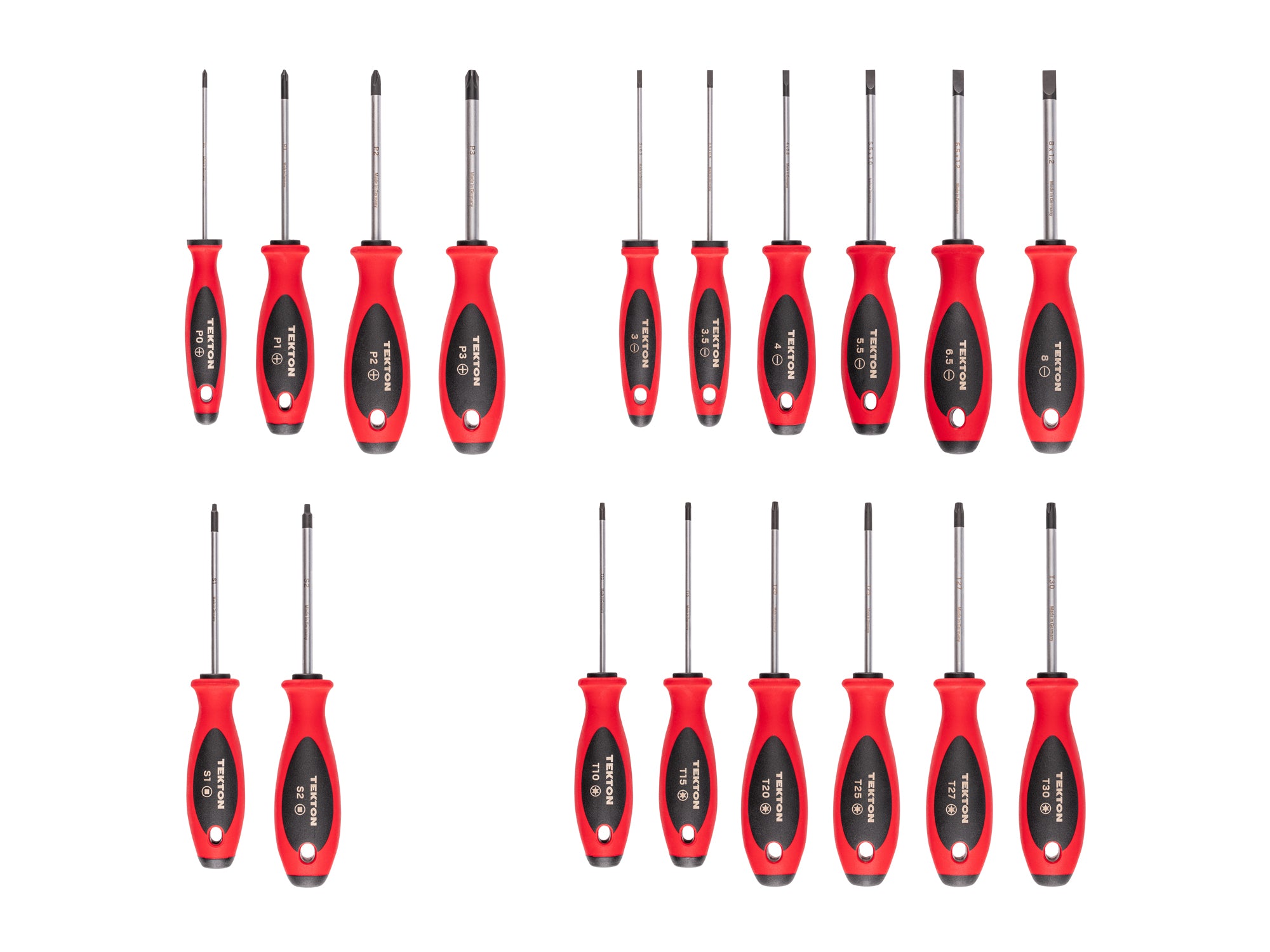 Phillips, Slotted, Torx, Square Screwdriver Set - 4 Inch Shanks, 18-Piece (#0-#3, 3-8 mm, T10-T30, #1-#2)