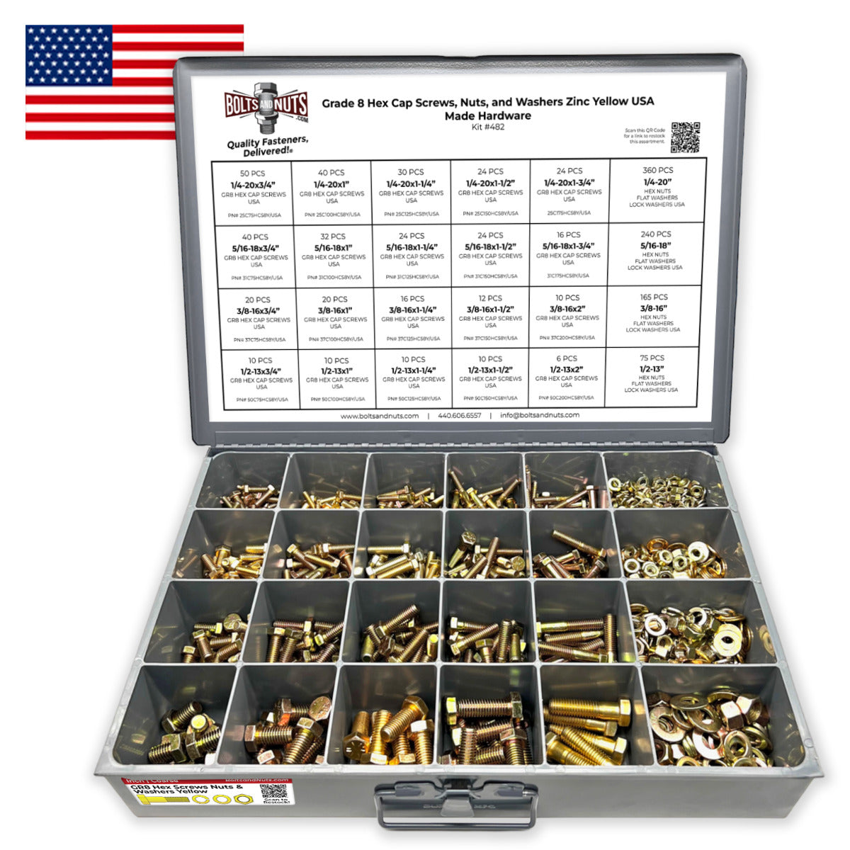 Inch Grade 8 Hex Cap Screws, Nuts, and Washers Zinc Yellow USA Made Hardware  - 1269 PCS