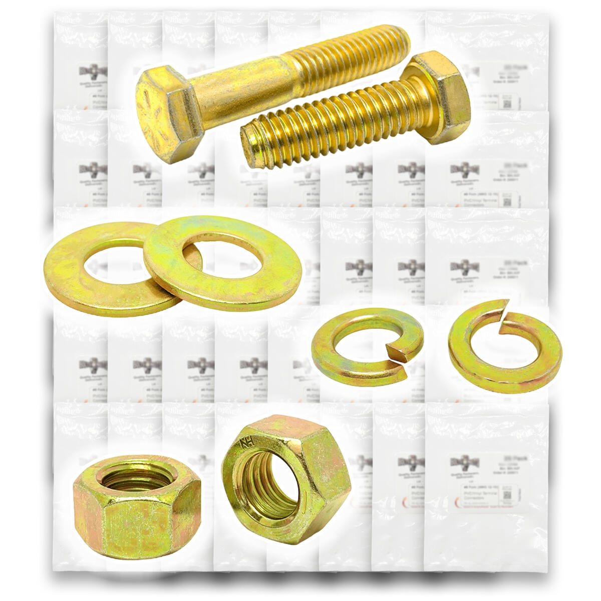 Inch Grade 8 Hex Cap Screws, Hex Nuts, Flat & Lock Washers Fine Thread Zinc Yellow 1/4", 5/16" 3/8", & 1/2" - 574 PCS
