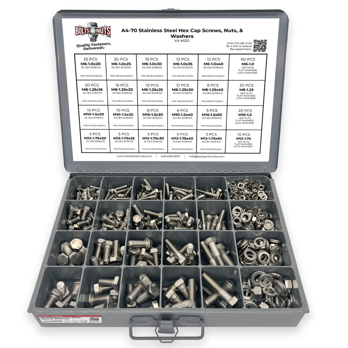 Metric A4 Stainless Steel Hex Cap Screws, Hex Nuts, Flat & Lock Washers - 575 PCS