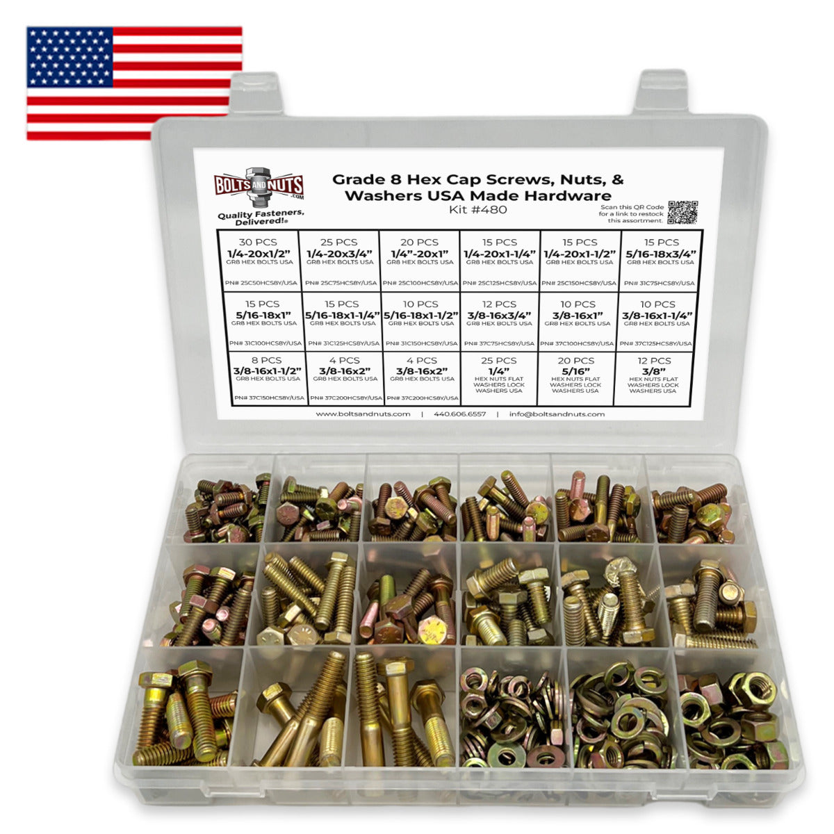 Inch Grade 8 Hex Cap Screws, Nuts, Flat & Lock Washers Zinc Yellow USA Made Hardware - 380 PCS