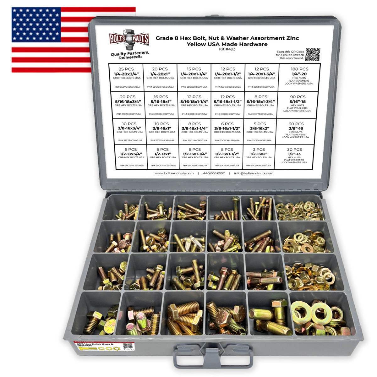 thumbnail interactive-video image 1 of 342-Piece Grade 8 Hex Head Bolt, Nut & Washer Assortment Kit – Coarse Thread, Yellow Zinc Finish 1 of 4