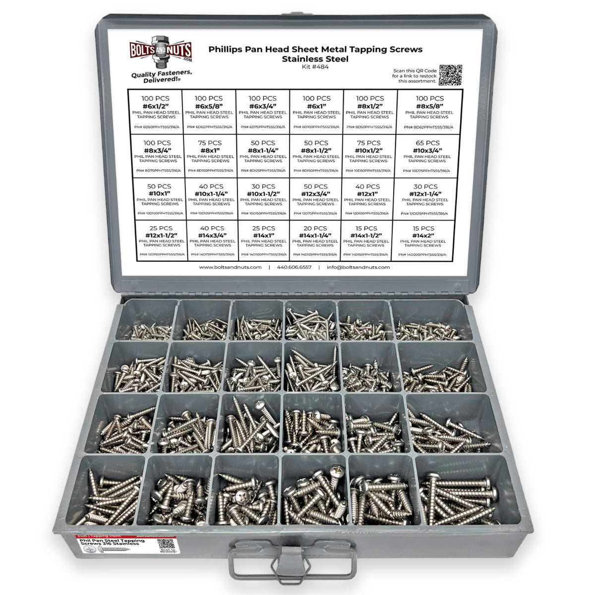 316 Stainless Phillips Pan Head Sheet Metal Self Tapping Screws Assortment - 1396 PCS