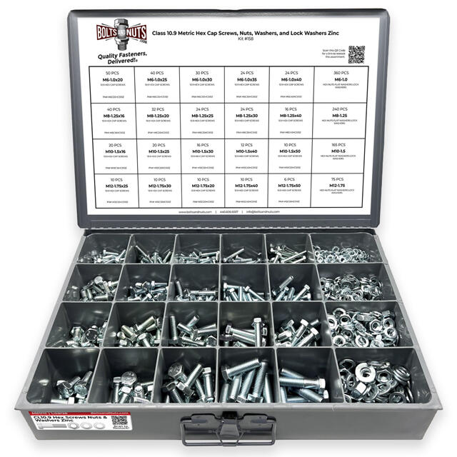 Metric Class 10.9 Hex Cap Screws, Hex Nuts, Flat & Lock Washers Coarse Thread Zinc Clear - 1269 PCS