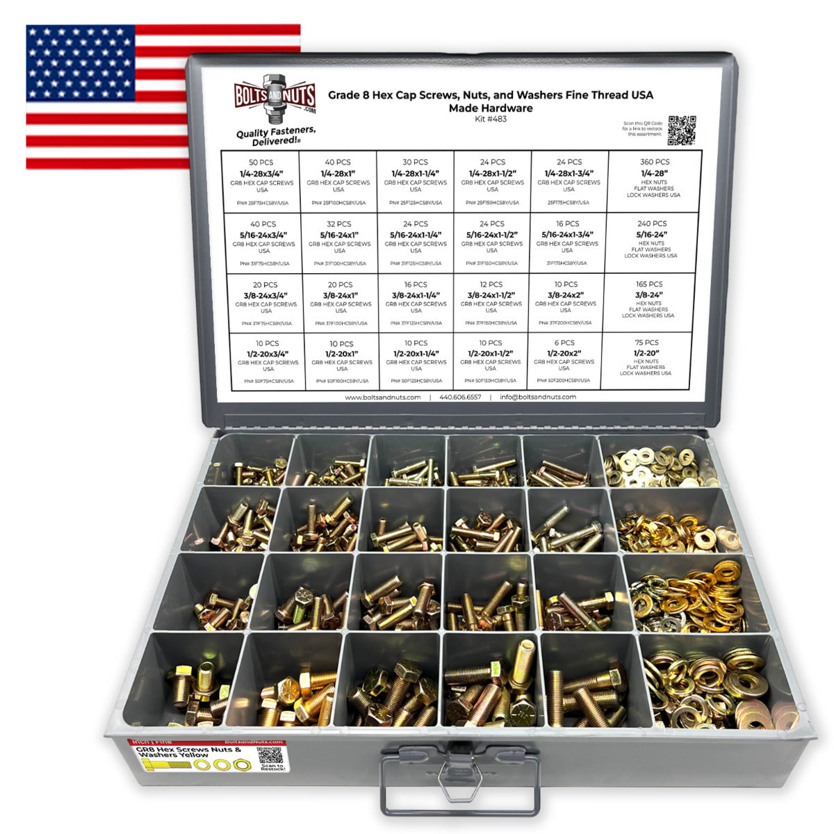 Inch Grade 8 Hex Cap Screws, Nuts, and Washers Fine Thread Zinc Yellow USA Made Hardware Fine Thread - 1269 PCS