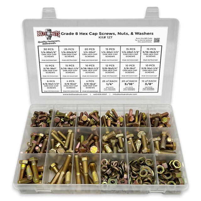 Inch Grade 8 Hex Cap Screws, Hex Nuts, Flat & Lock Washers - 380 PCS