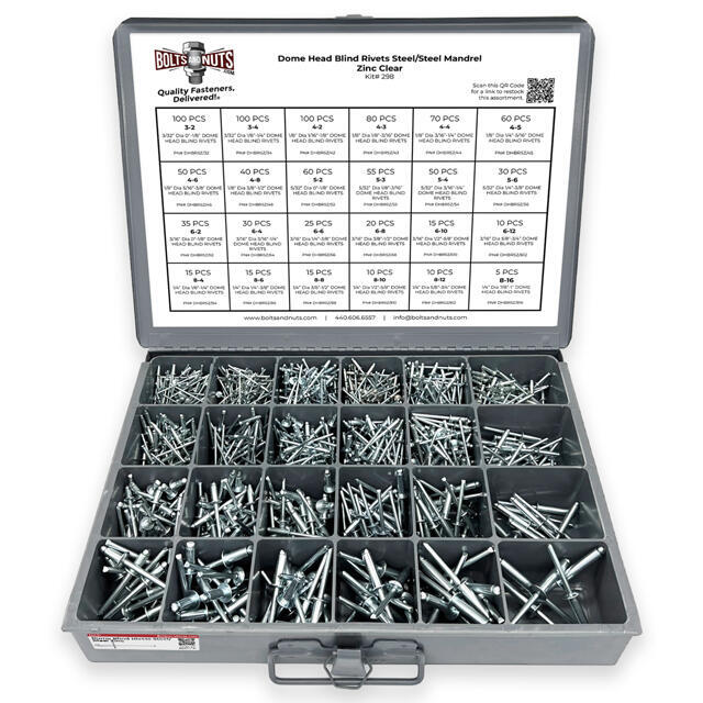 Dome Head Blind Pop Rivets Steel/Steel Mandrel Zinc Clear Assortment - 1001PCS