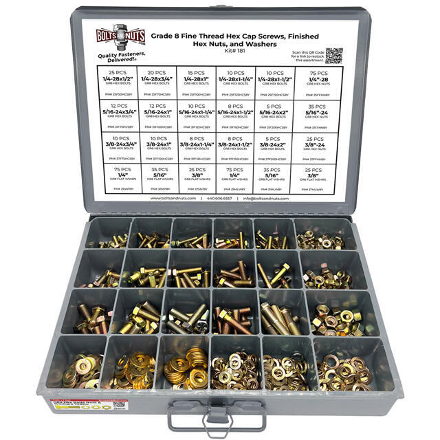 Inch Grade 8 Fine Hex Cap Screws, Hex Nuts, Flat & Lock Washers - 574 PCS