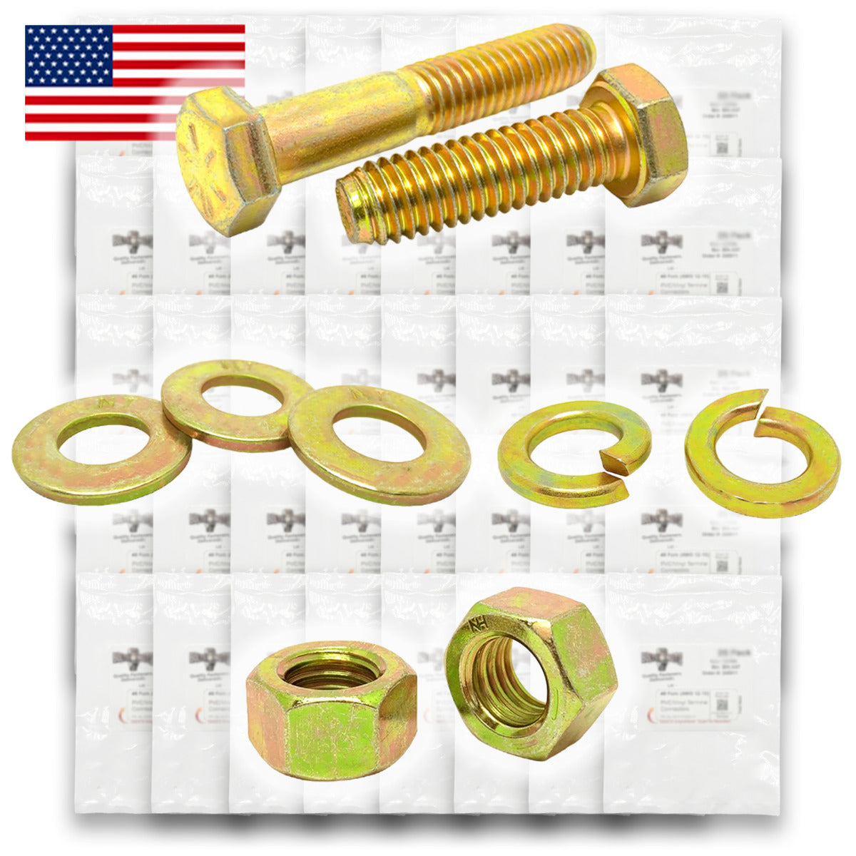 Inch Grade 8 Hex Cap Screws, Hex Nuts, Flat & Lock Washers Fine Thread Zinc Yellow USA Made Hardware - 1268 PCS