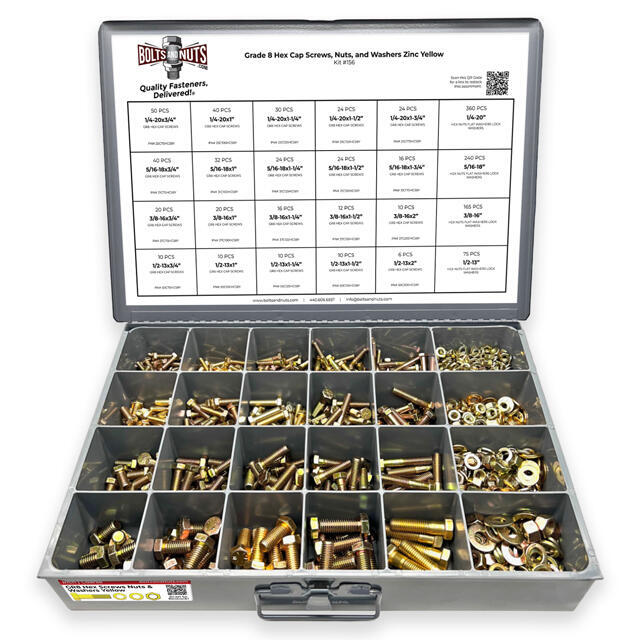 Inch Grade 8 Hex Cap Screws, Hex Nuts, Flat & Lock Washers Coarse Thread Zinc Yellow 1/4", 5/16" 3/8", & 1/2"  - 1269 PCS