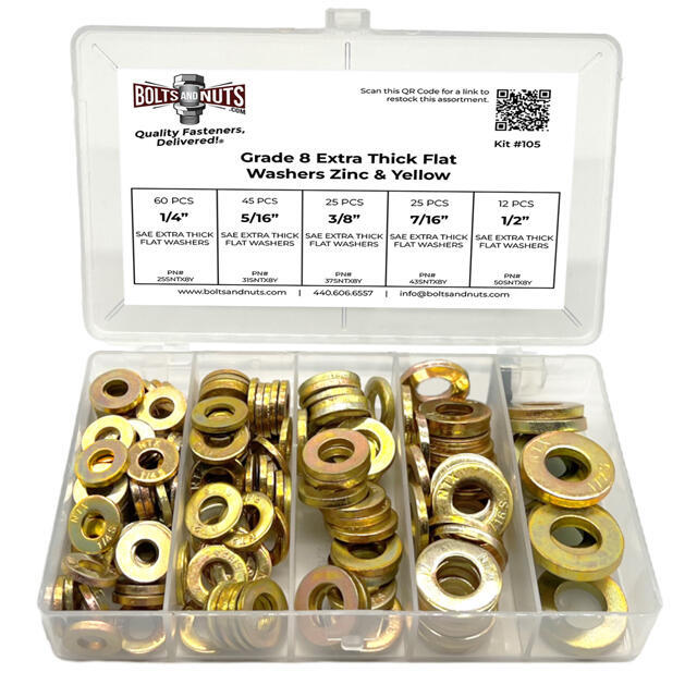 Inch Grade 8 SAE Extra Thick Flat Washer Assortment - 168 PCS