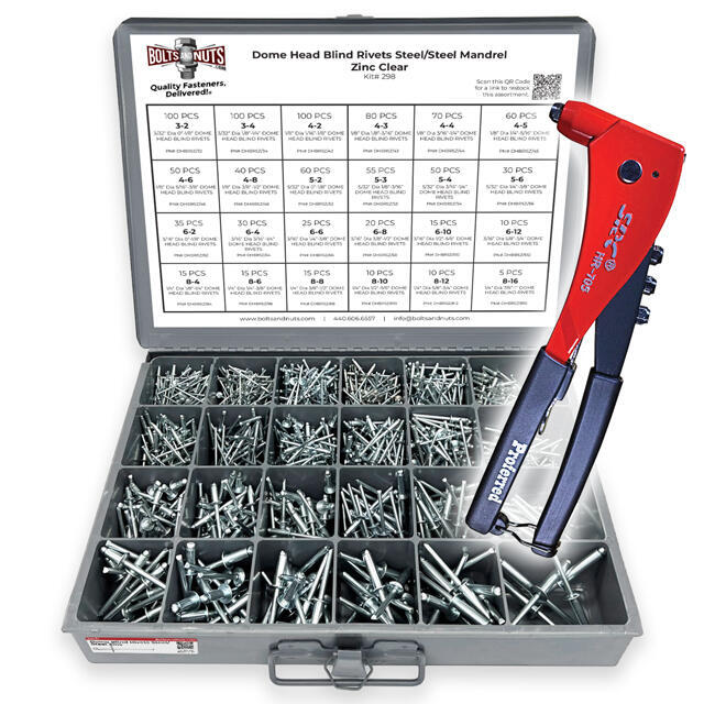 Dome Head Blind Pop Rivets Steel/Steel Mandrel Zinc Clear Assortment with Hand Rivet Tool- 1002PCS