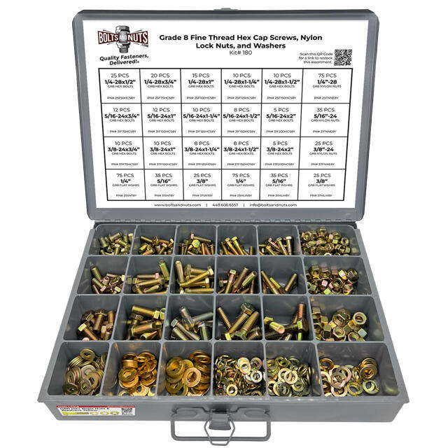 Inch Grade 8 Fine Hex Cap Screws, Nylon Nuts, Flat & Lock Washers - 574 PCS