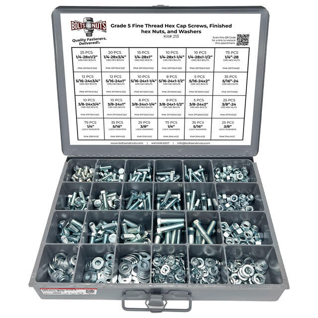 Inch Grade 5 FINE Hex Cap Screws, Hex Nuts, Flat & Lock Washers - 574PCS