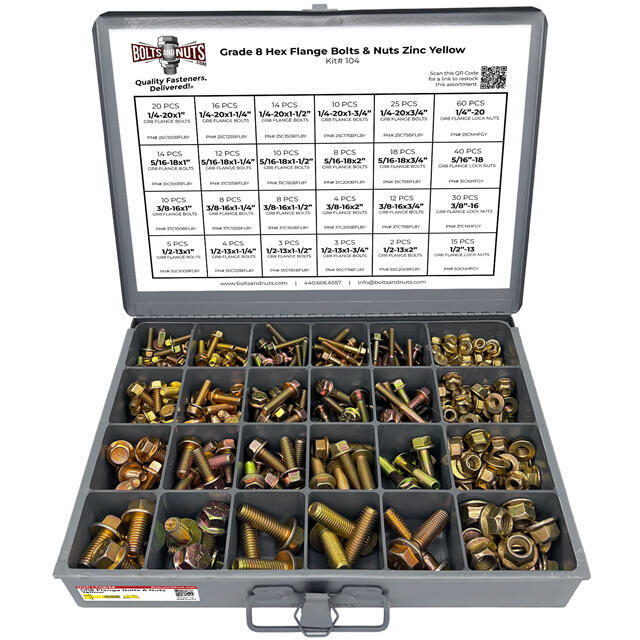 Inch Grade 8 Hex Flange Frame Bolts & Lock Nuts Yellow Assortment - 352PCS