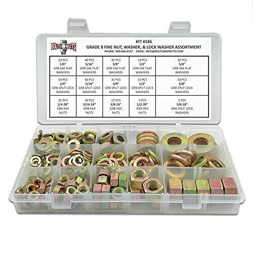 Inch Grade 8 Fine Hex Nut, Flat & Lock Washers Assortment - 351 Pcs