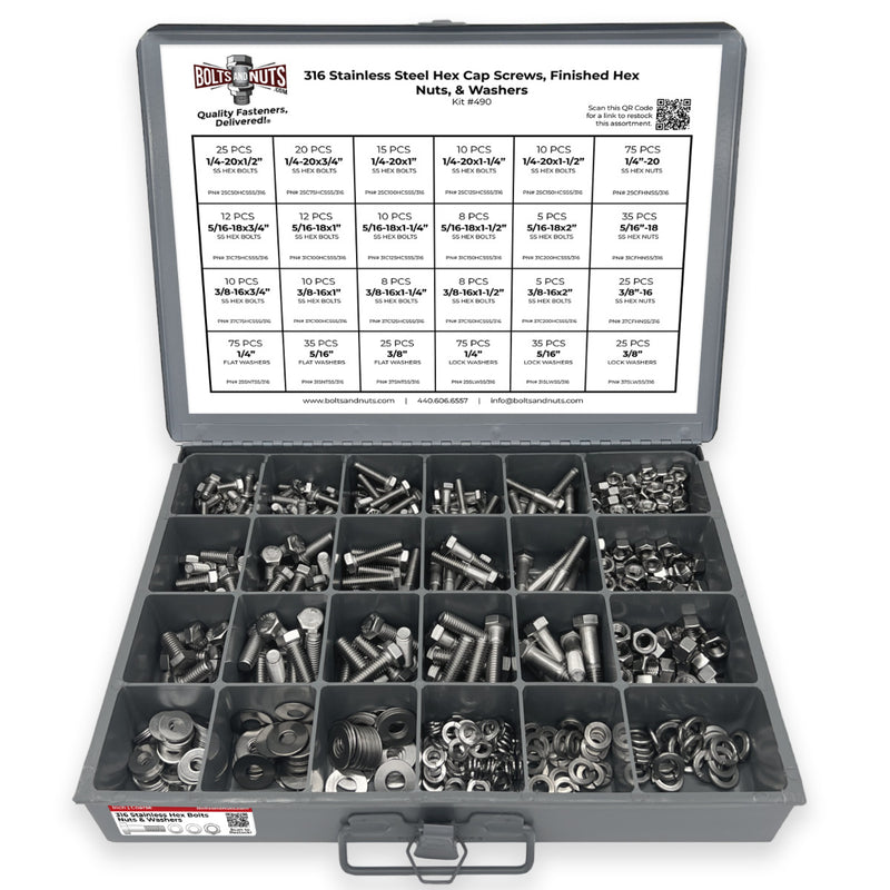 Inch 316 Stainless Hex Cap Screws, Hex Nuts, Flat & Lock Washers - 574 PCS