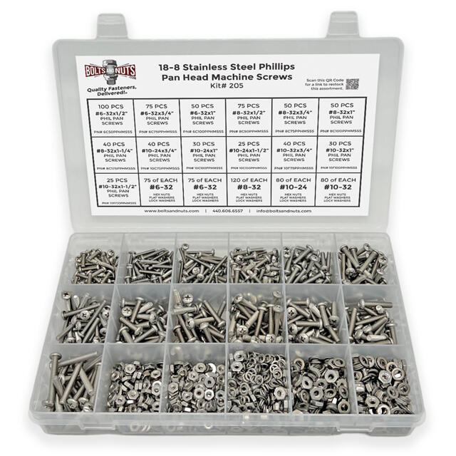 Inch Stainless Steel Phillips Pan Head Machine Screws, Hex Nuts, Flat & Lock Washers - 1921 PCS