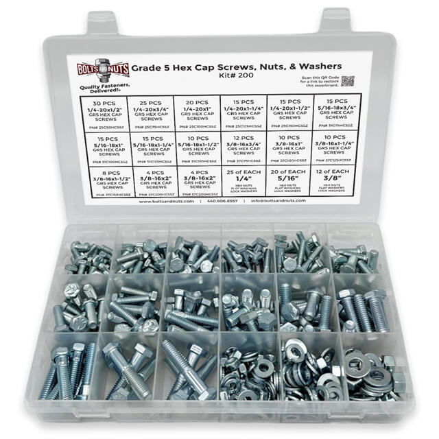 Inch Grade 5 Hex Cap Screws, Hex Nuts, Flat & Lock Washers - 380 PCS
