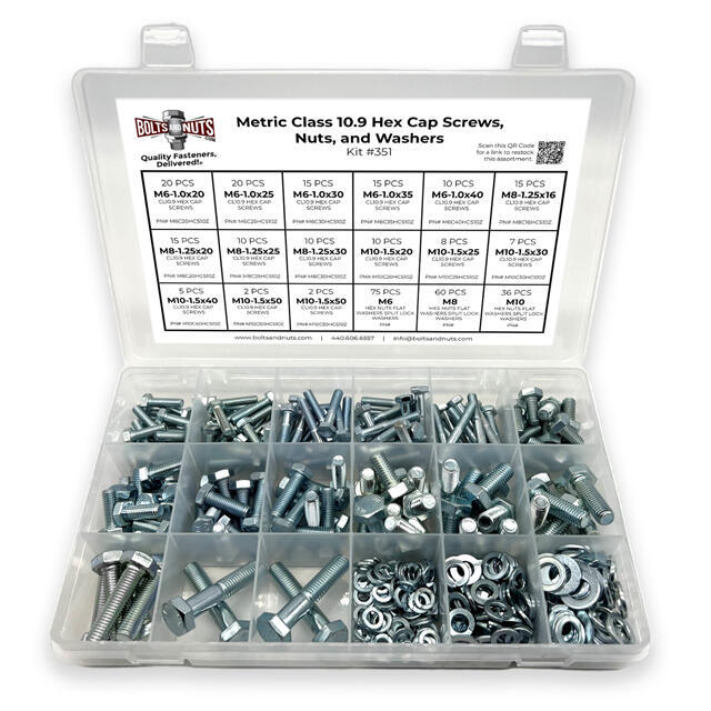 Metric Class 10.9 Hex Cap Screws, Hex Nuts, Flat & Lock Washers - 341 PCS