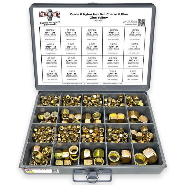 Grade 8 Nylon Hex Nut Coarse & Fine Zinc Yellow Assortment - 379 pcs