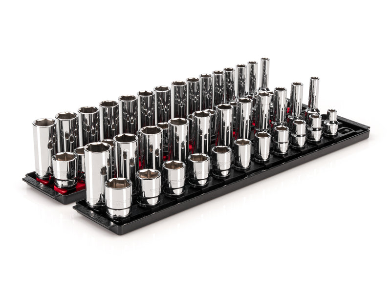 1/2 Inch Drive Shallow and Deep 6-Point Socket Set with Rails and Trays, 52-Piece (3/8 - 1 in., 10 - 24 mm)