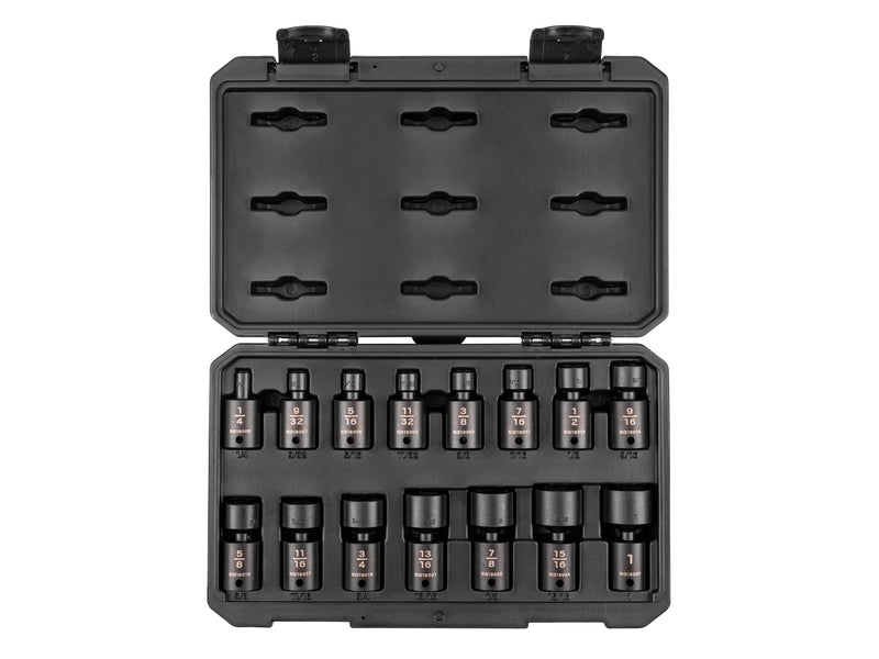 3/8 Inch Drive Shallow 6-Point Universal Joint Impact Socket Set with Case, 15-Piece (1/4 - 1 in.)