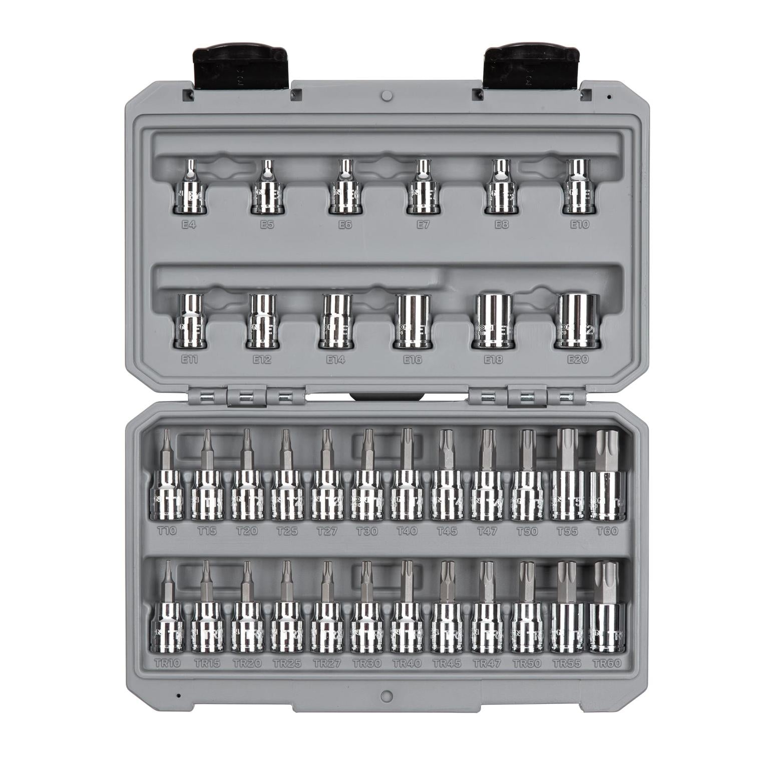 3/8 Inch Drive Torx/TR Torx Bit & External Star Socket Set with Case, 36-Piece (T10 - T60, TR10 - TR60, E4 - E20)