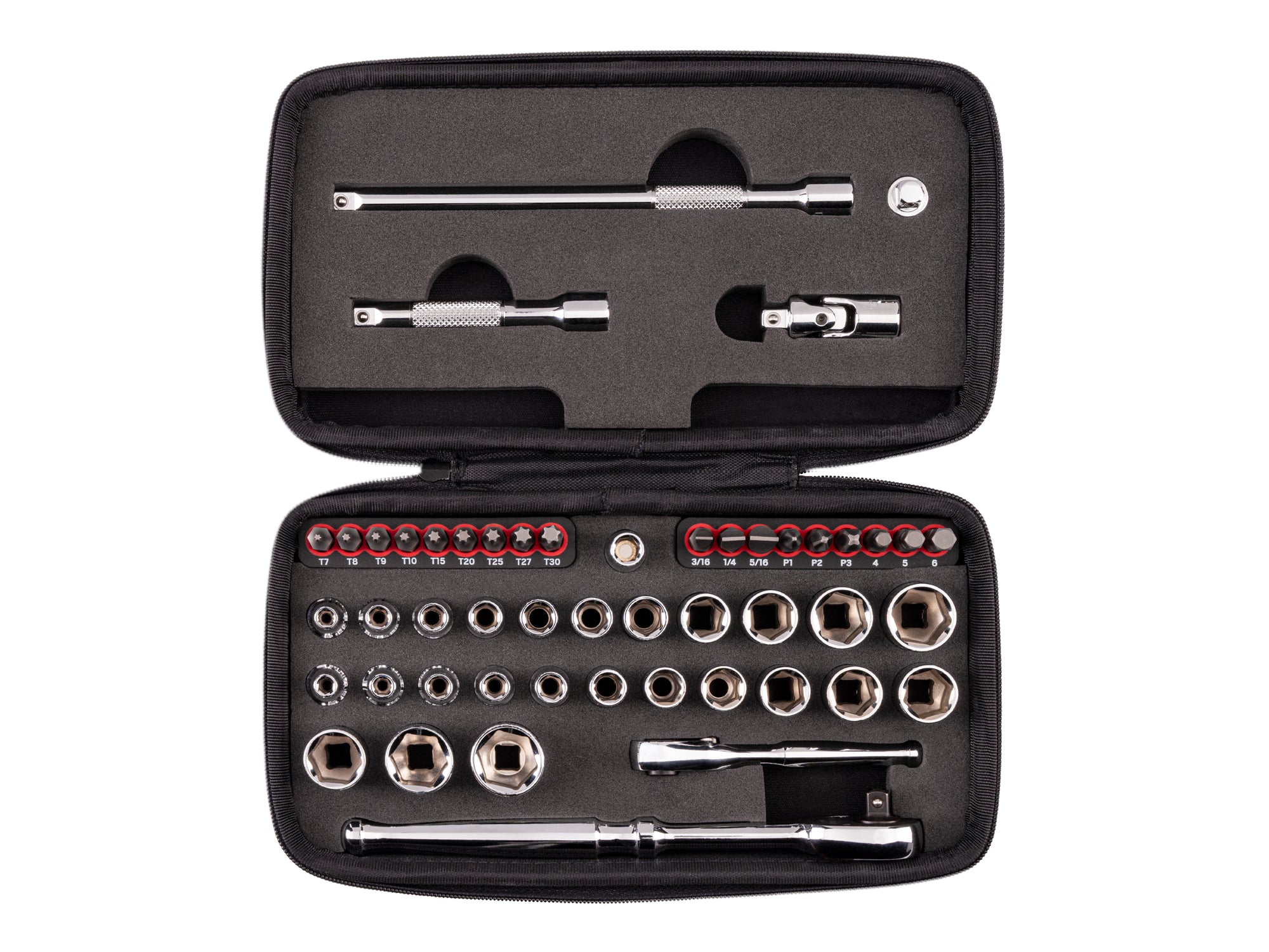 1/4 Inch Drive 6-Point Small Engine Shallow Socket, Bit, and Quick-Release Ratchet Set with Case (50-Piece)