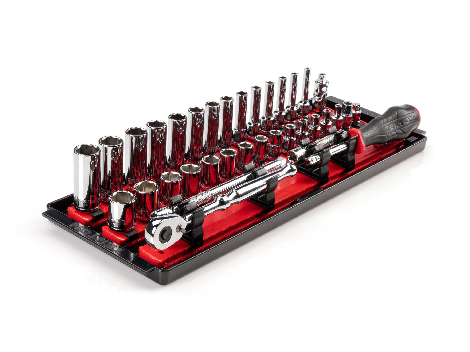 1/4 Inch Drive Shallow and Deep 6-Point Socket and Ratchet Set with Rails and Tray, 35-Piece (4 - 15 mm)