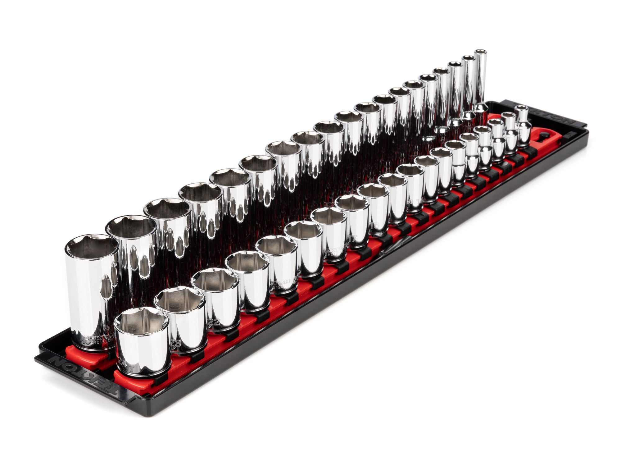 3/8 Inch Drive Shallow and Deep 6-Point Socket Set with Rails and Tray, 38-Piece (6 - 24 mm)