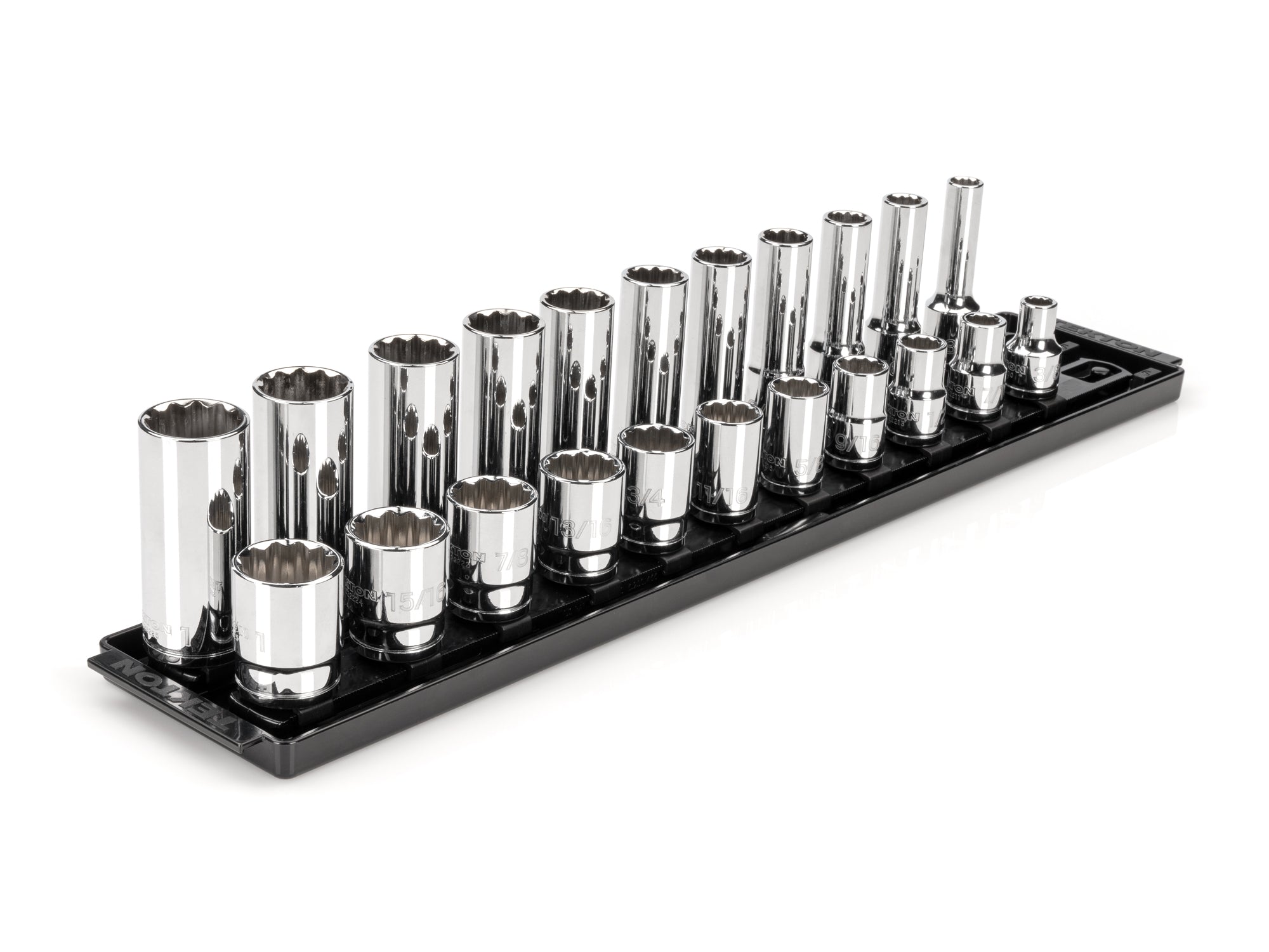 1/2 Inch Drive Shallow and Deep 12-Point Socket Set with Rails and Tray, 22-Piece (3/8 - 1 in.)