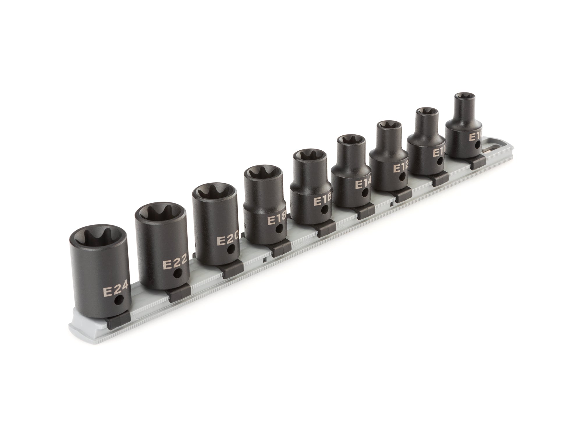 1/2 Inch Drive Shallow External Star Impact Socket Set with Rail, 9-Piece (E10 - E24)