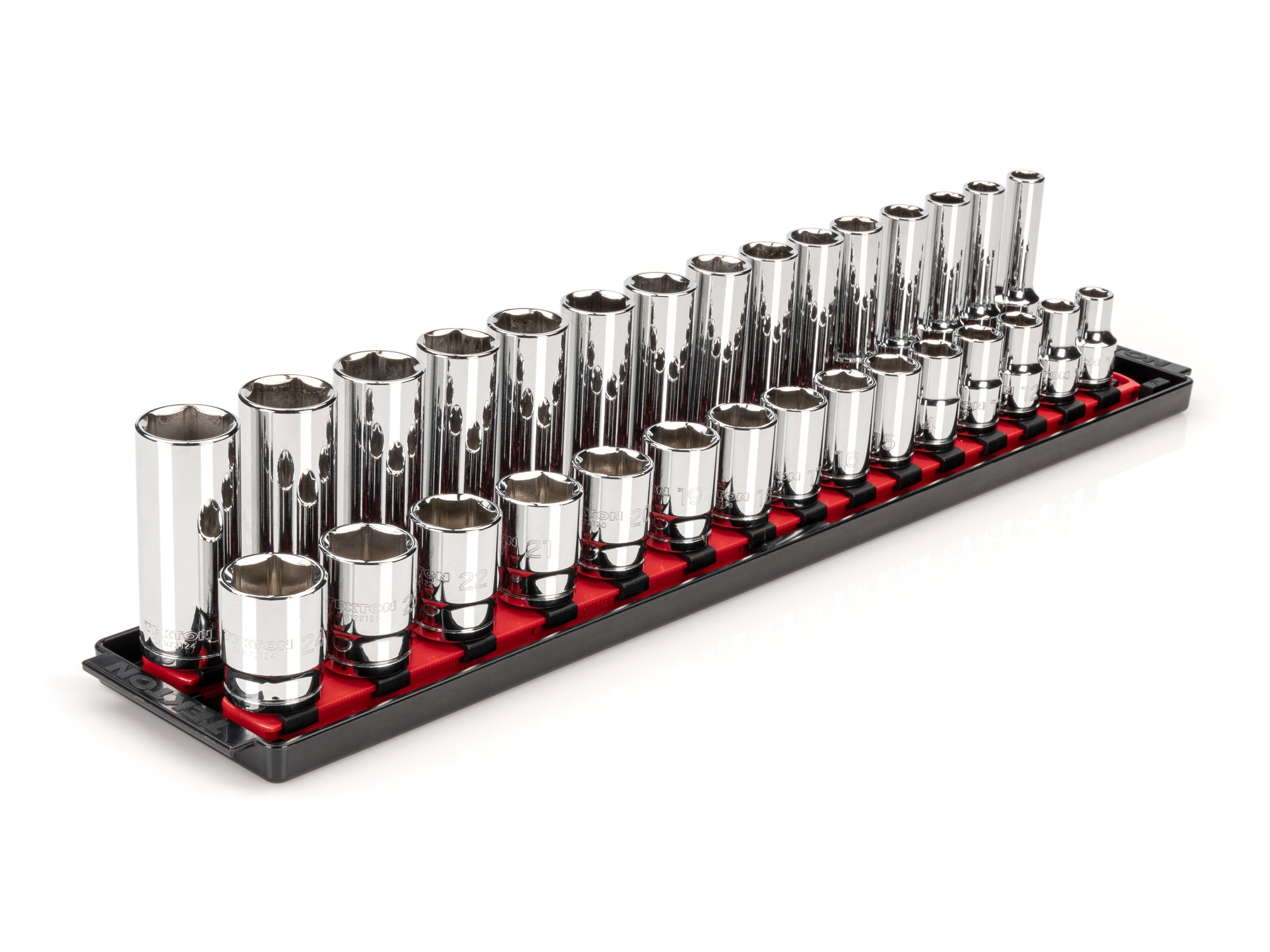 1/2 Inch Drive Shallow and Deep 6-Point Socket Set with Rails and Tray, 30-Piece (10 - 24 mm)