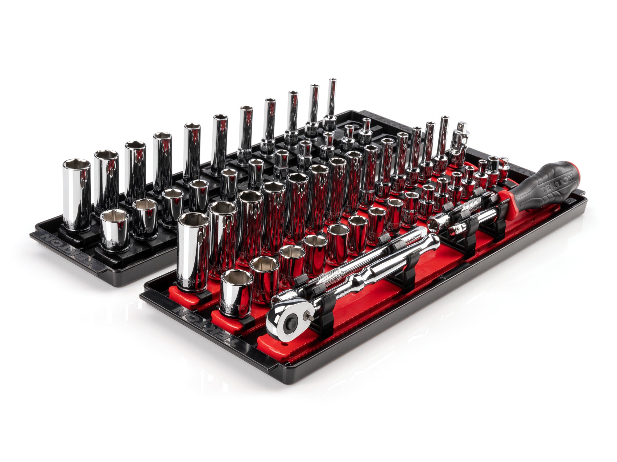1/4 Inch Drive Shallow and Deep 6-Point Socket and Ratchet Set with Rails and Trays, 57-Piece (5/32 - 9/16 in., 4 - 15 mm)