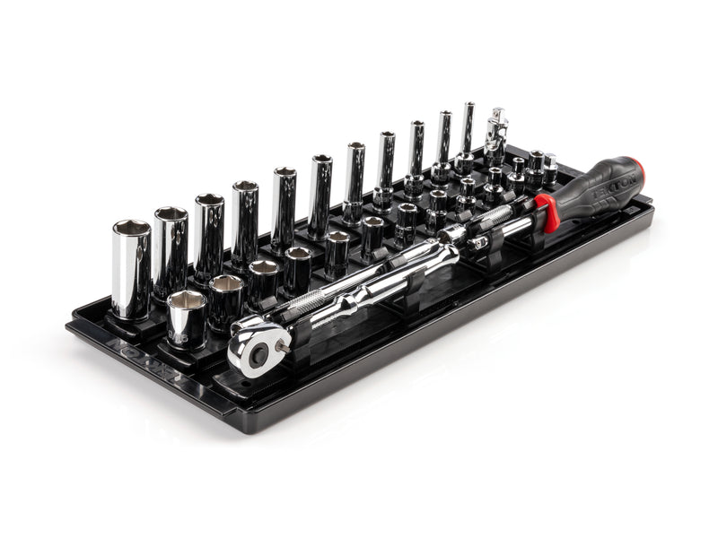1/4 Inch Drive Shallow and Deep 6-Point Socket and Ratchet Set with Rails and Tray, 29-Piece (5/32 - 9/16 in.)