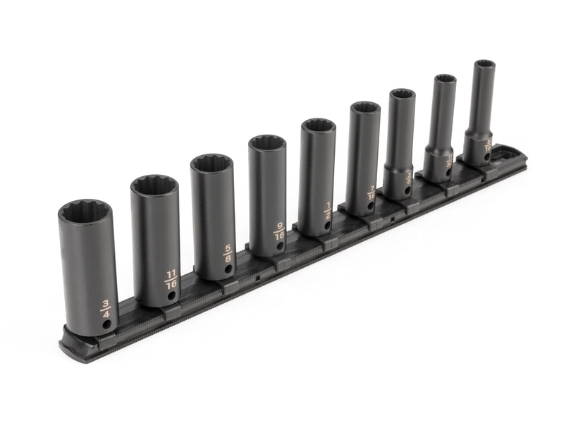 3/8 Inch Drive Deep 12-Point Impact Socket Set with Rail, 9-Piece (5/16 - 3/4 in.)