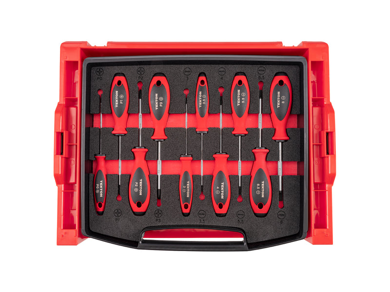 Phillips and Slotted Screwdriver Set with Open Top Drawer and Rack - 4 Inch Shanks, 10-Piece (#0 - #3, 3 - 8 mm)