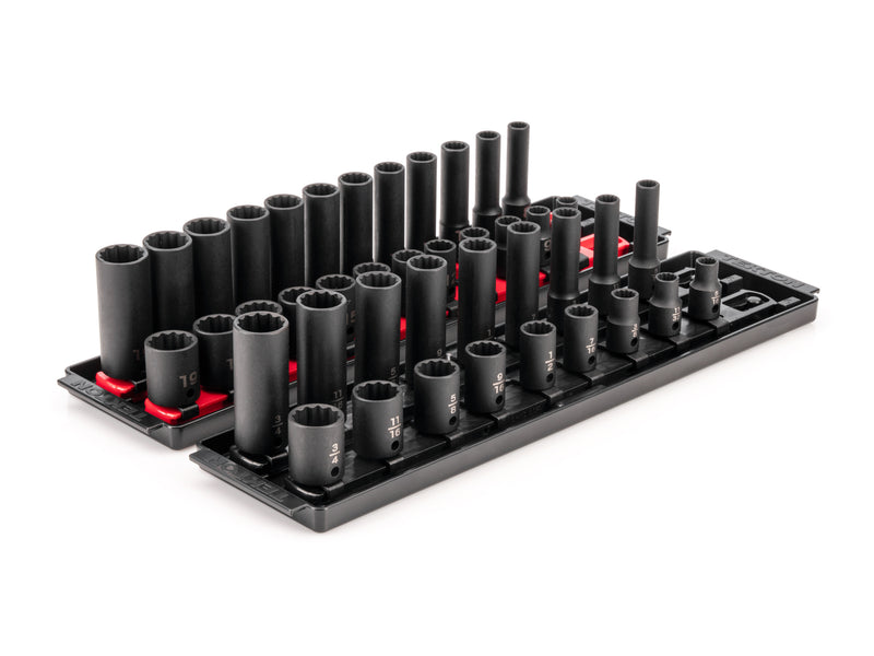 3/8 Inch Drive Shallow and Deep 12-Point Impact Socket Set with Rails and Trays, 42-Piece (5/16 - 3/4 in., 8 - 19 mm)
