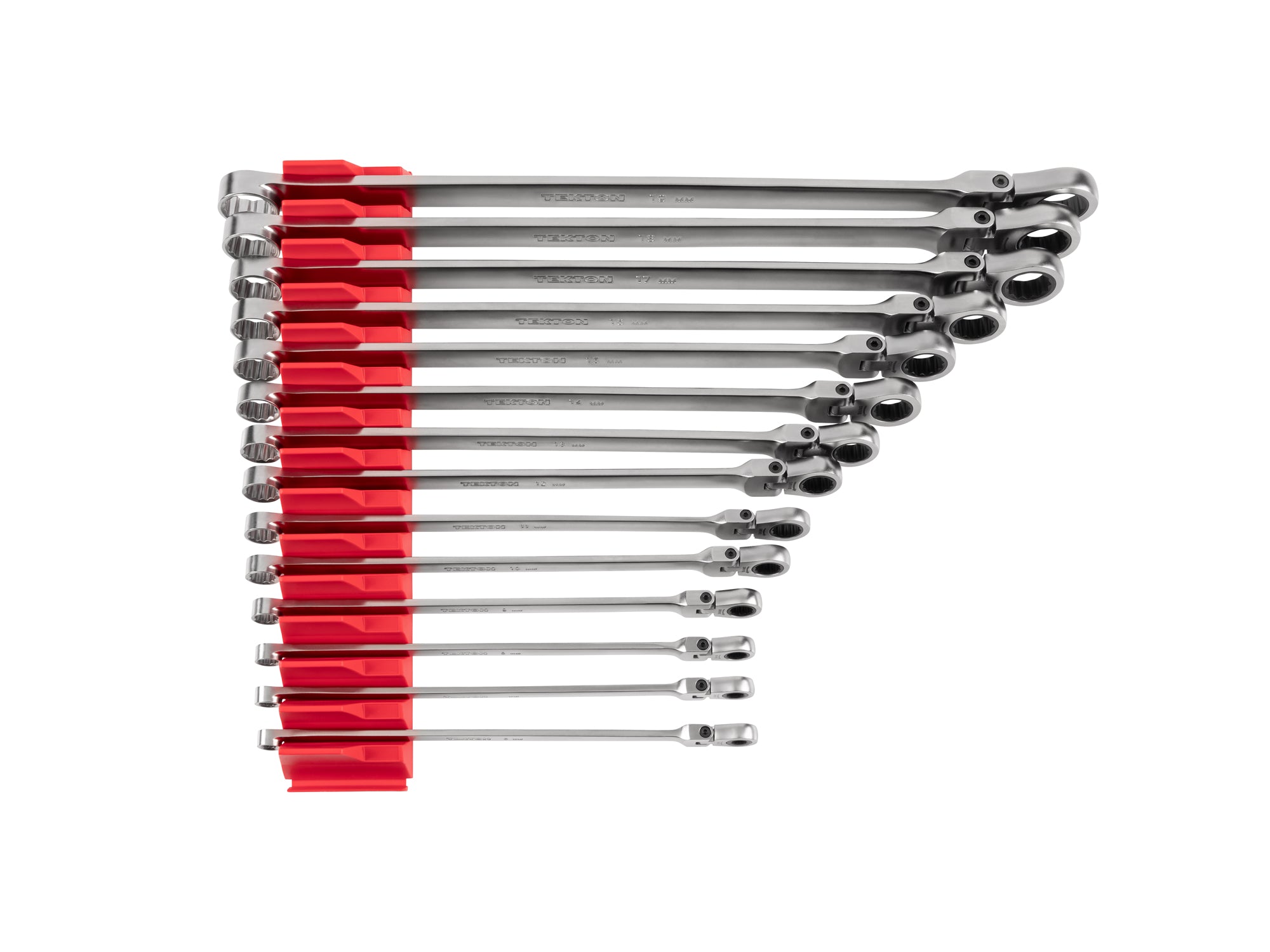 Long Fixed/Flex Head 12-Point Ratcheting Box End Wrench Set with Modular Organizers, 14-Piece (6-19 mm)