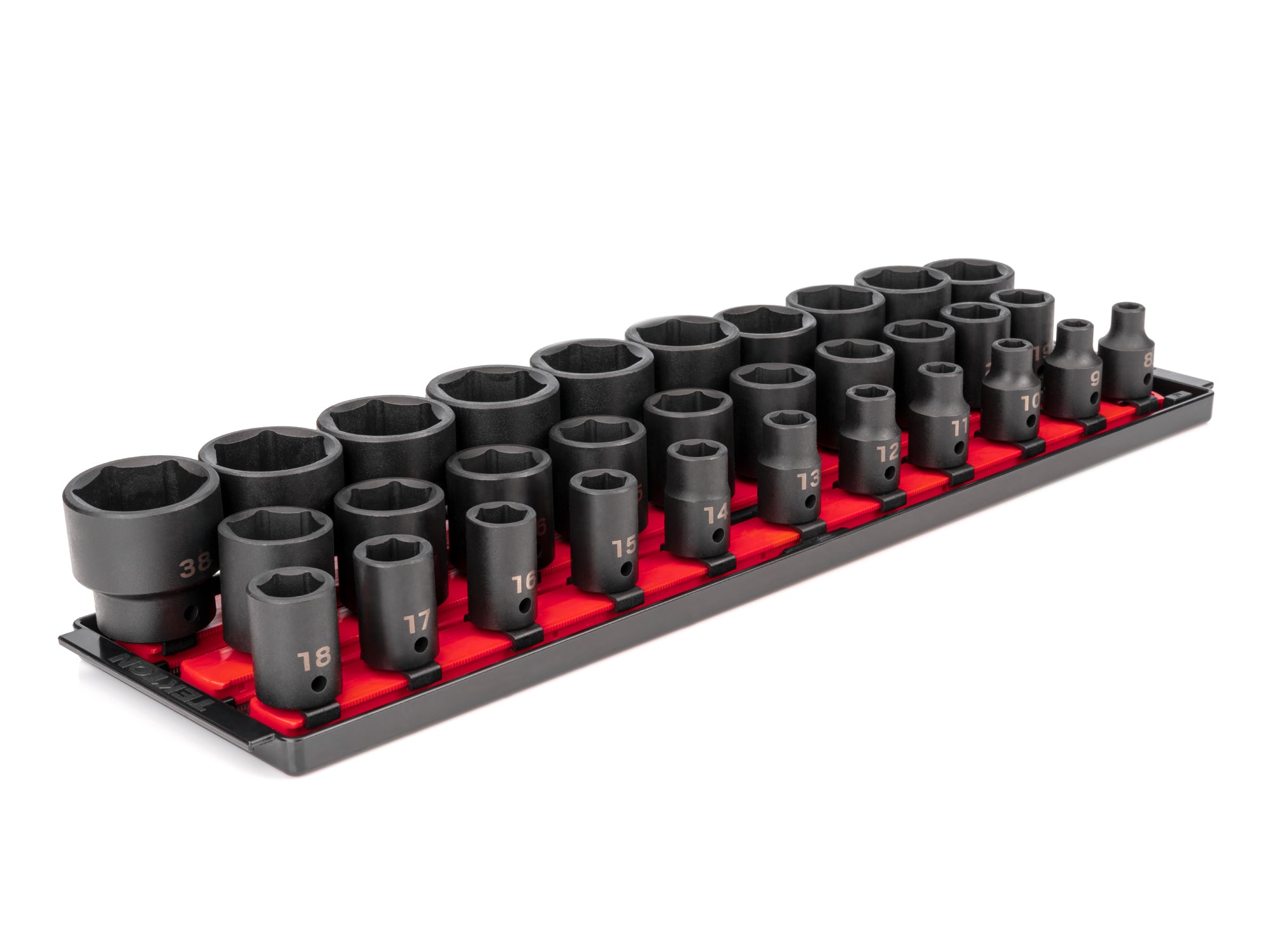 1/2 Inch Drive Shallow 6-Point Impact Socket Set with Rails and Tray, 31-Piece (8 - 38 mm)