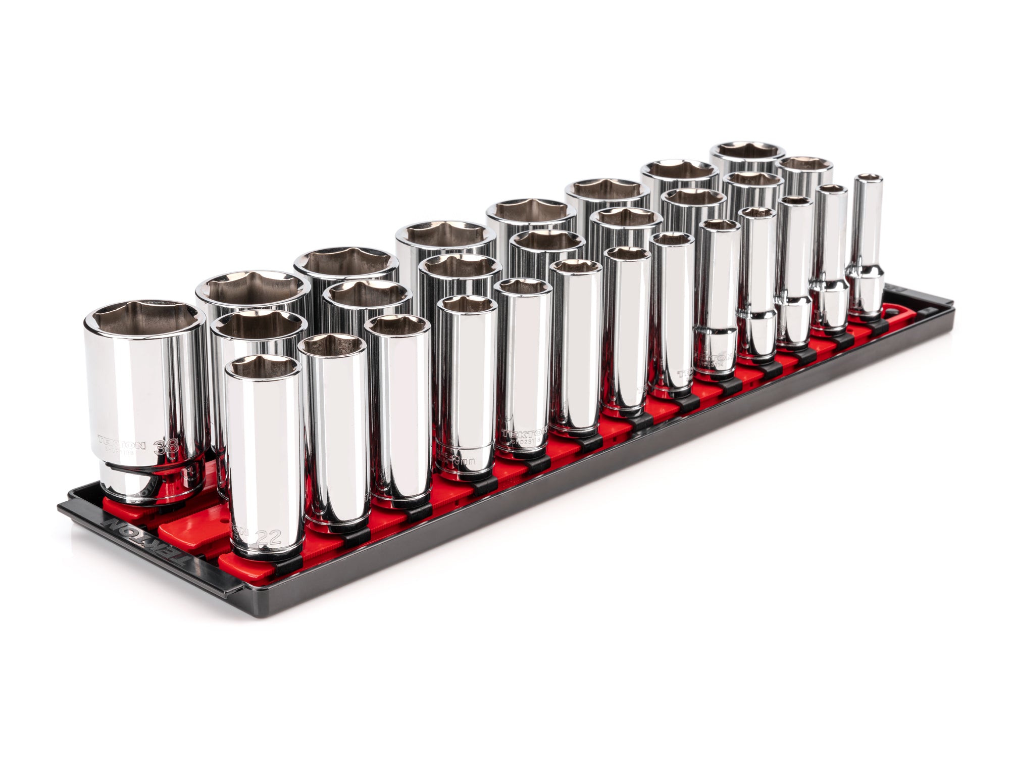 1/2 Inch Drive Deep 6-Point Socket Set with Rails and Tray, 29-Piece (10 - 38 mm)