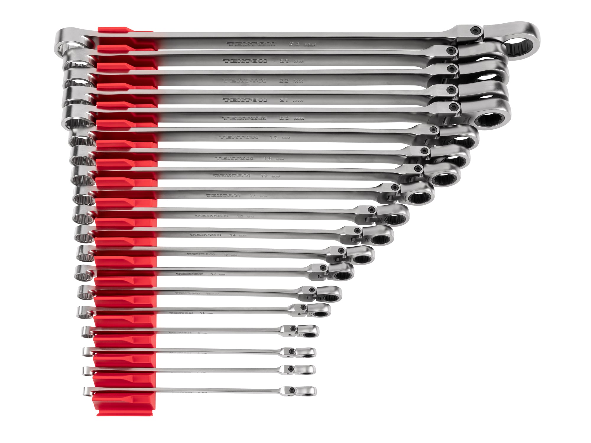 Long Fixed/Flex Head 12-Point Ratcheting Box End Wrench Set with Modular Organizers, 19-Piece (6-24 mm)