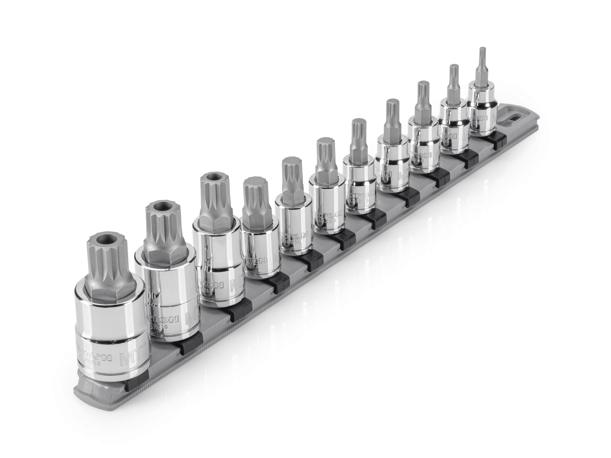 3/8 Inch Drive Triple Square and 1/2 Inch Drive TR Triple Square Bit Socket Set with Rail, 11-Piece (M4 - M12, MT14 - MT18)