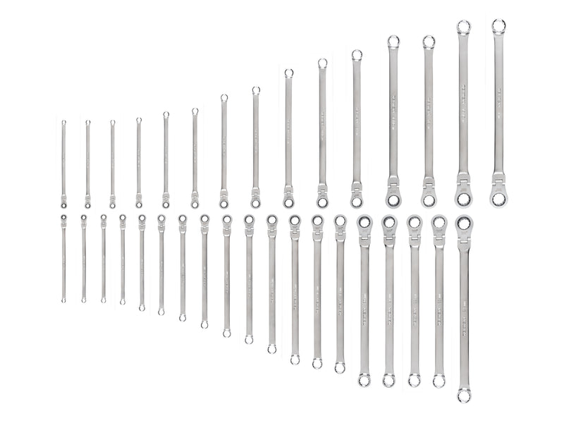 Long Fixed/Flex Head 12-Point Ratcheting Box End Wrench Set, 34-Piece (1/4-1 in., 6-24 mm)