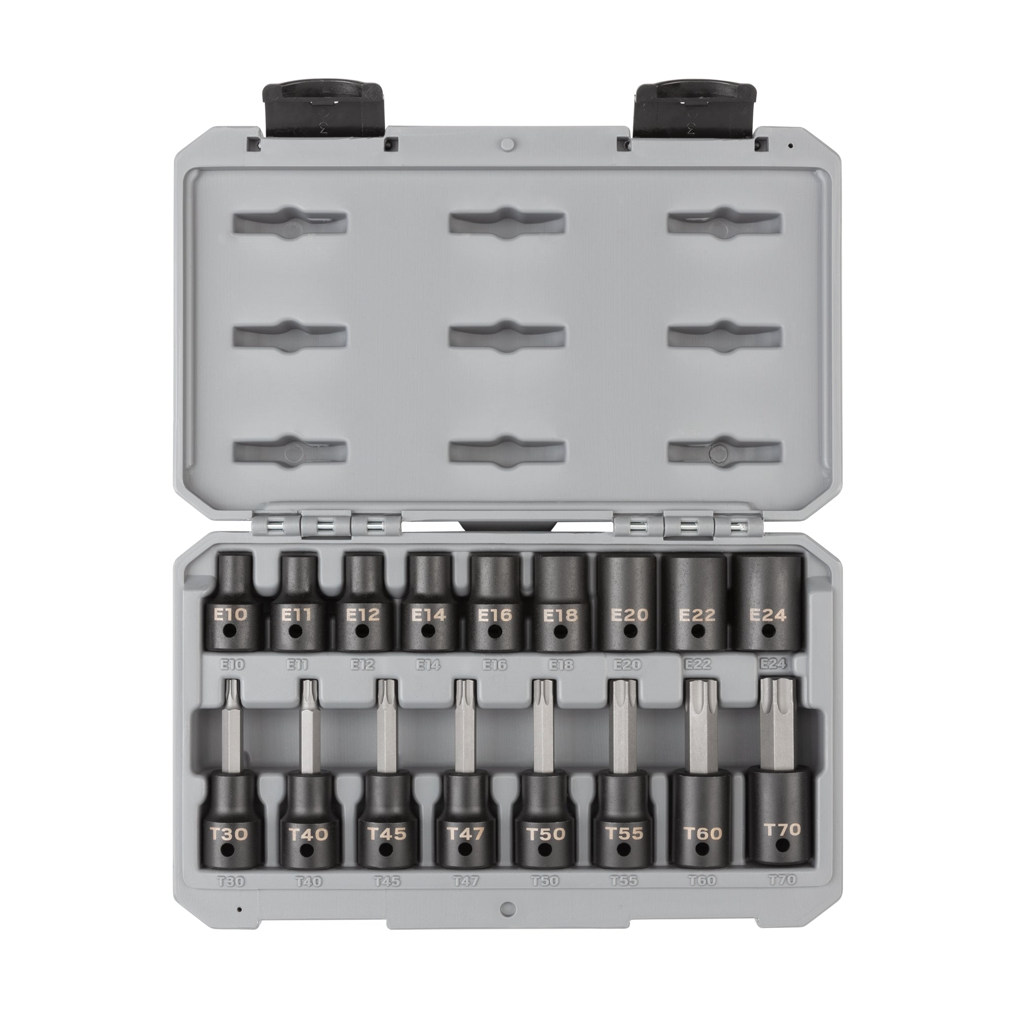 1/2 Inch Drive Torx and Shallow External Star Impact Socket Set with Case, 17-Piece (T30 - T70, E10 - E24)