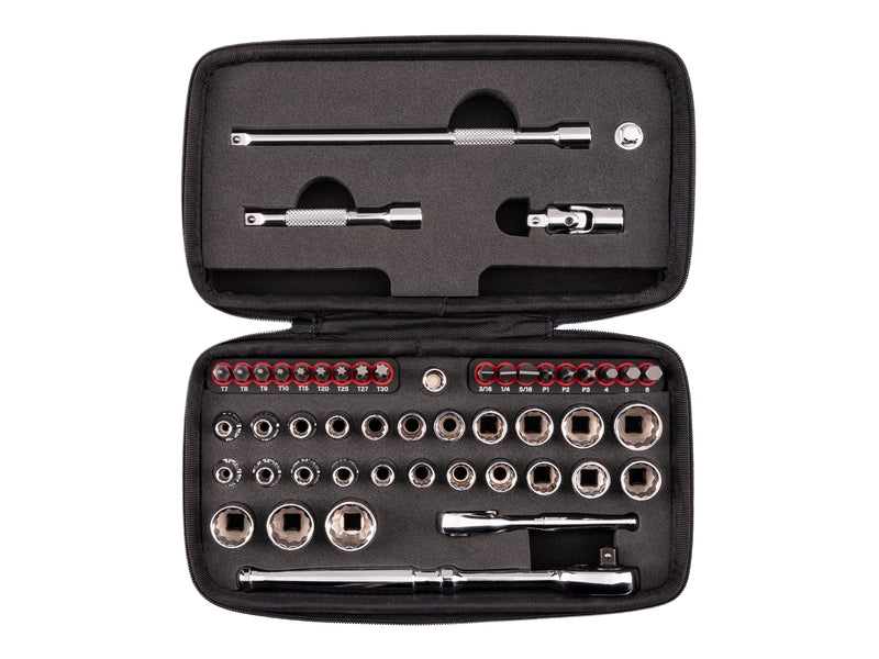 1/4 Inch Drive 12-Point Small Engine Shallow Socket, Bit, and Quick Release Ratchet Set with Case (50-Piece)