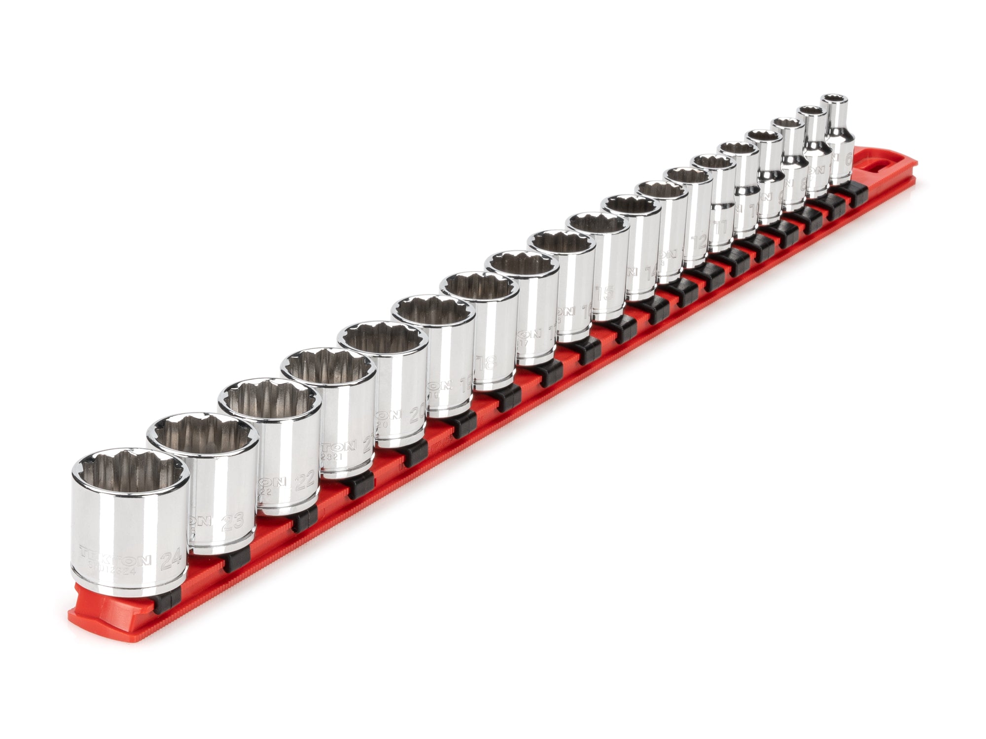 3/8 Inch Drive Shallow 12-Point Socket Set with Rail, 19-Piece (6 - 24 mm)