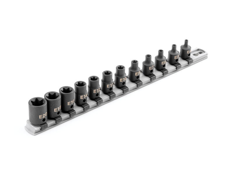 3/8 Inch Drive Shallow External Star Impact Socket Set with Rail, 12-Piece (E4-E20)